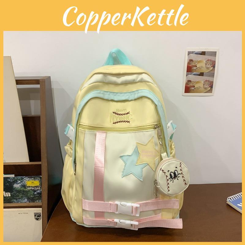 Color Blocked Fashionable Letter Embroidery Star Decoration Student Backpack