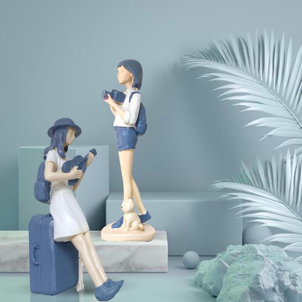 Cute and Elegant Girls Statue for Home Decor | Table Decor (Pack of 2, White & Blue)