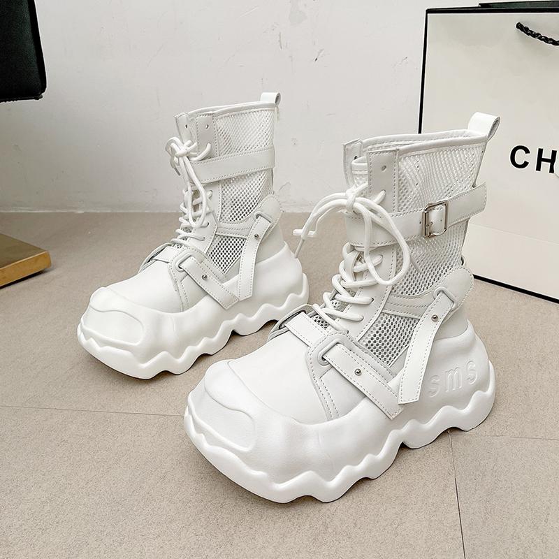 Fashion Summer Women Thick Soled Mid-Calf Boots Outdoors Lady Casual Hollow Cool Shoes Female Breathable Mesh Boots White Botas Mujer