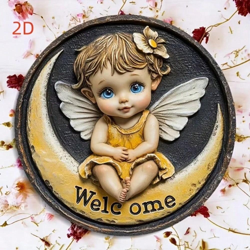 Whimsical Angel On Half Moon Boho Welcome Sign Home Decor Halloween Wall Art