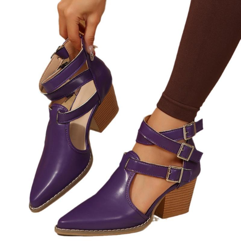 Europe, America, Autumn and Winter New High-heeled Thick-heeled Pointed Retro Belt Buckle Roman Cool Boots Leather Boots Single Boots Large Size