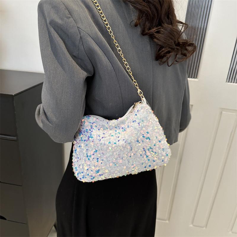 Black And White Sparkly Underarm Bag Women 2024 New Spring Nightclub Chain Small Square Bag Street Fashion