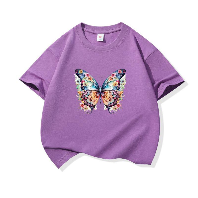 Kids Cotton T Shirt Colorful Floral Pattern Butterfly Print Crew Neck Short Sleeve Tee Casual Boys Girls Summer Tops