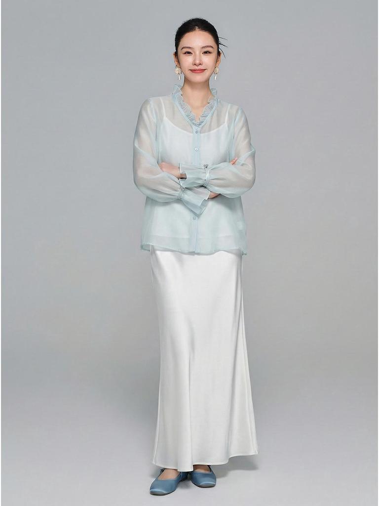 Zhi Hetang Retro Silk V-Neck Ruffled Long-Sleeve Blouse