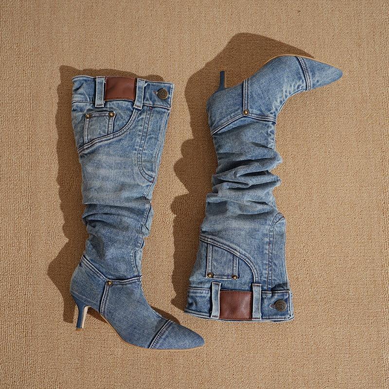 Autumn and Winter New Wind Pointed Middle Heel Cowboy Boots Women's Pleated Piled Boots Thin Heel Thin Knee Fashion Boots