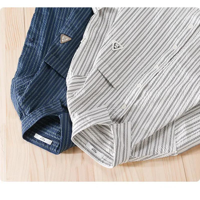 Summer Tops for Men Japan Retro Style Stripes Man Shirts Pocket Half Sleeve Butto Bubble Casual Shirt