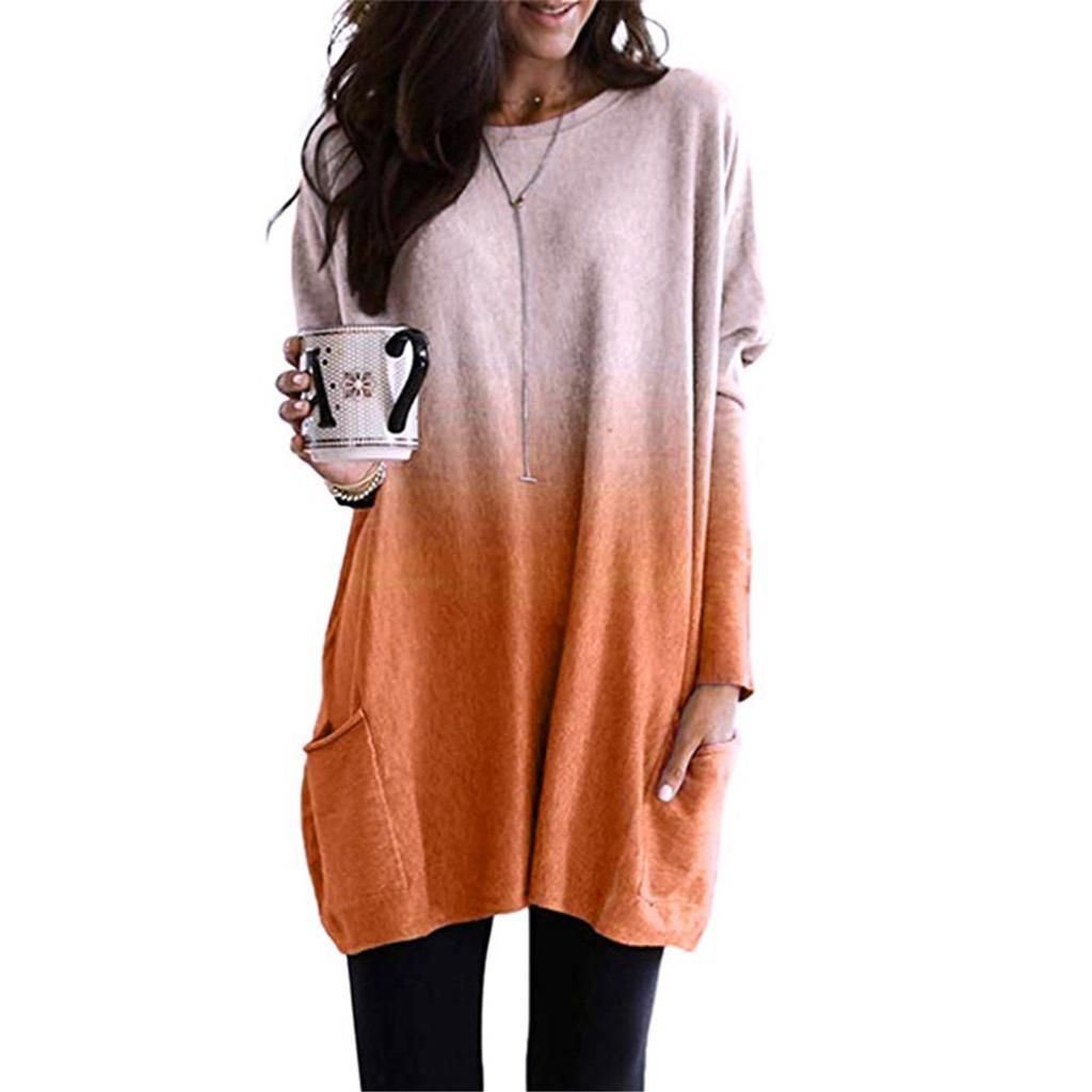 Long Tunic Pullover Sweatshirt Blouse Tops For Women Long Sleeve Casual Baggy Pullover Jumper Pocket Tunic Gradient Wear T-Shirt Tops