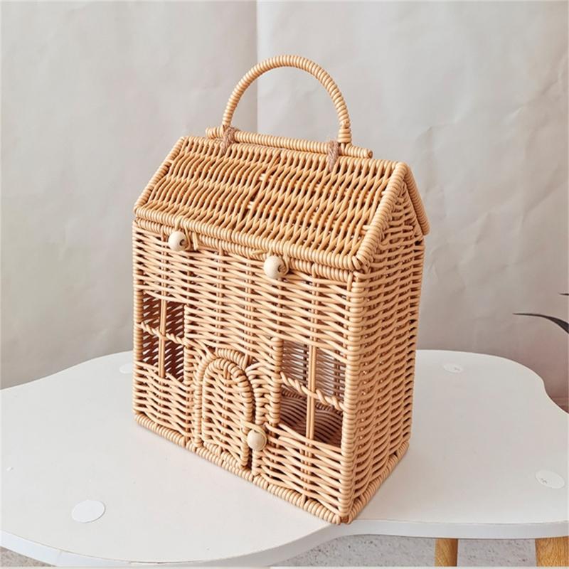Valigia Scatola Decorativa in Rattan Cesto Intrecciato a Mano in Plastica a Forma di Casa con Manico Sacchetto per Confezionare Regali per Festival