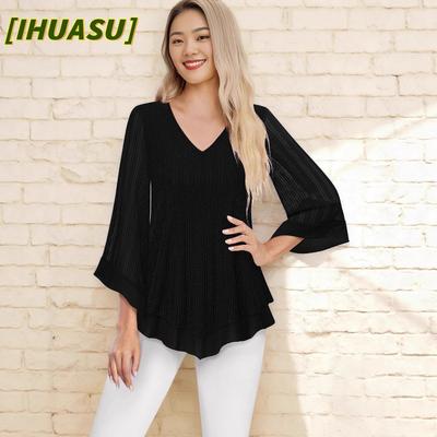 Damen Mode Lässige Einfarbige Print Langarm V-Ausschnitt Blusen & Hemden