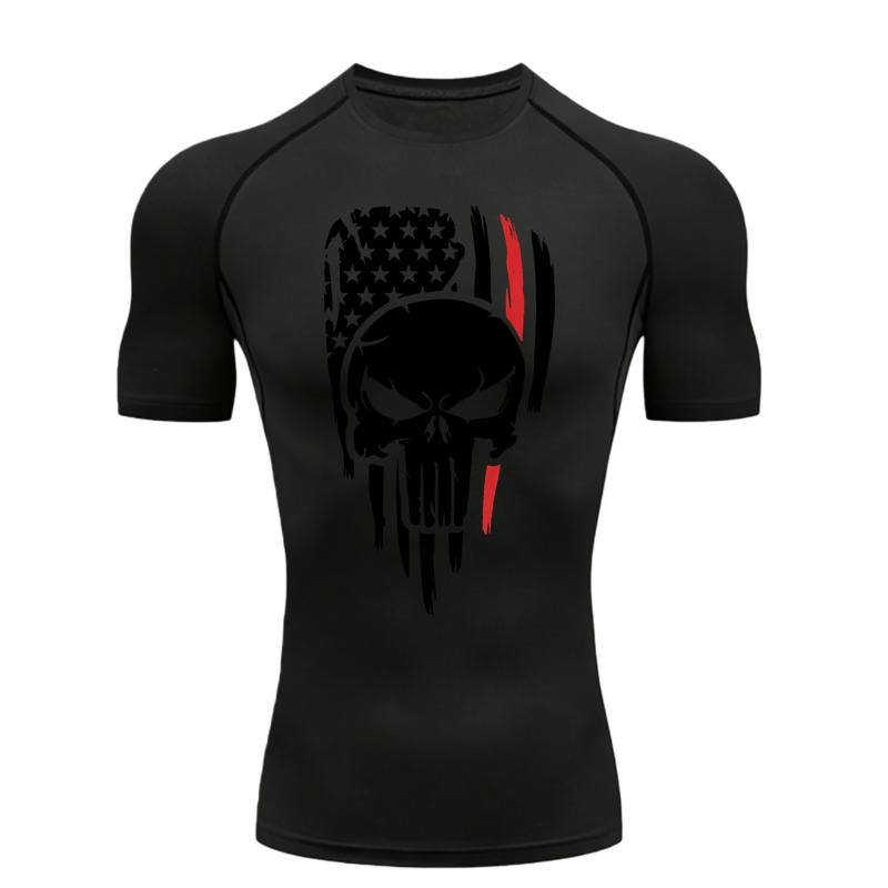

National Flag and Skull Print Men s Sports T-shirt Training Fitness Compression Powerlifting T-shirt Gym T-shirts Pilates S