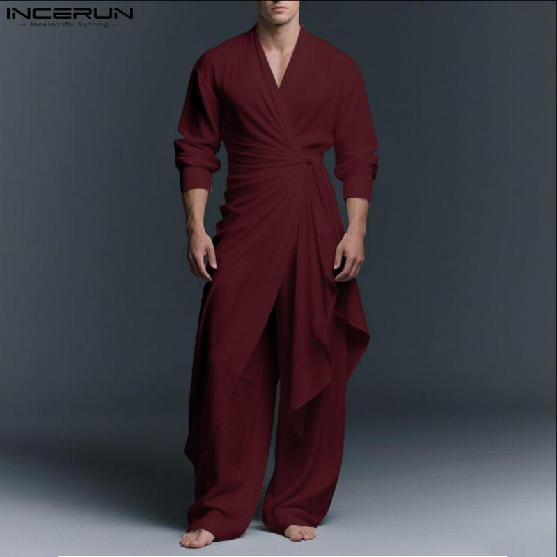 INCERUN 2PCS Men V Neck Long Sleeve Twisted Ruffled T-shirt Long Pants Sets Outfits
