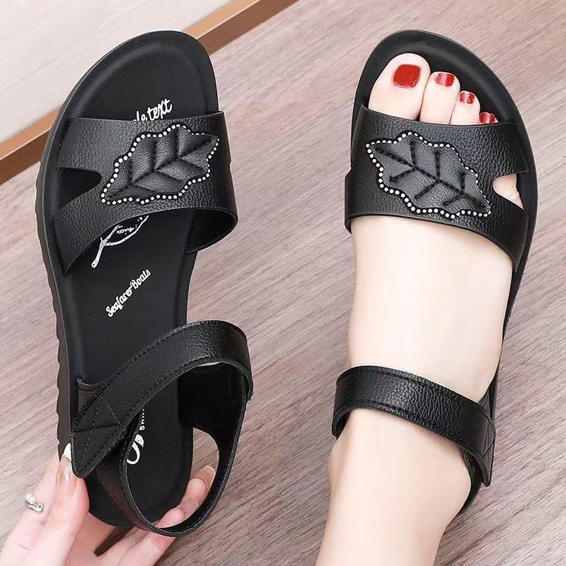 Middle Aged And Elderly Velcro Flat Sole Sandals Thick Sole Non Slip Summer New Open Toe Lightweight Breathable Leather Sandals