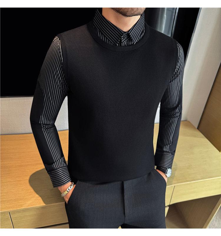 2025 Men's Winter Plus Velvet Warm Sweater Slim Fit Business Trendy Two-Piece Layer Shirt
