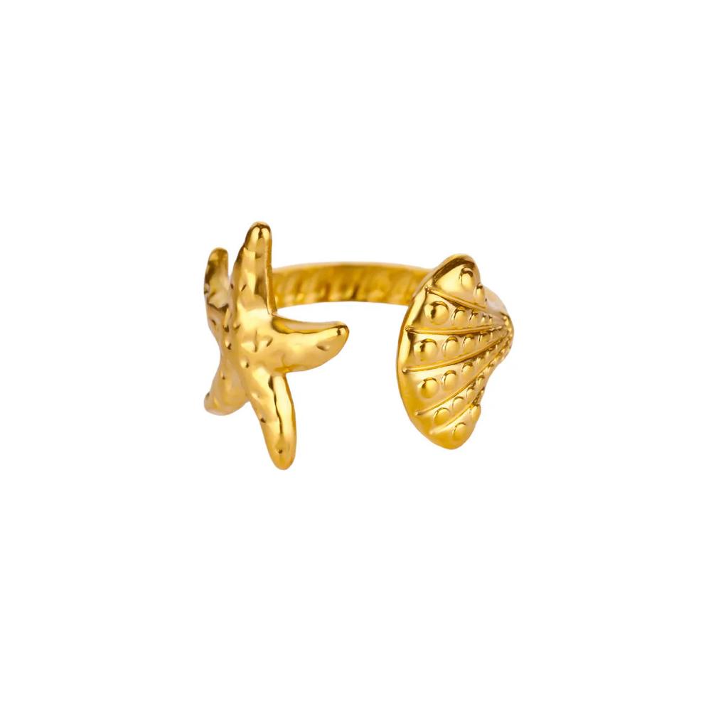 Hot-selling ocean wind starfish shell stainless steel open ring gold-plated women's vacation jewelry