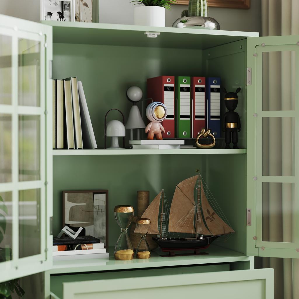 Minimalist buffet cabinet with two glass doors and drawers, wooden sideboard for living room, dining room, hallway and entrance area (mint green)