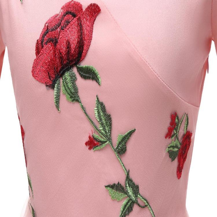Rotes Rose Besticktes Midi-Ballkleid für Damen Hochzeitsgast Brautjungfer Cocktail-Abendparty Netz Tüll 3/4 Ärmel Formelles Anlass Outfit