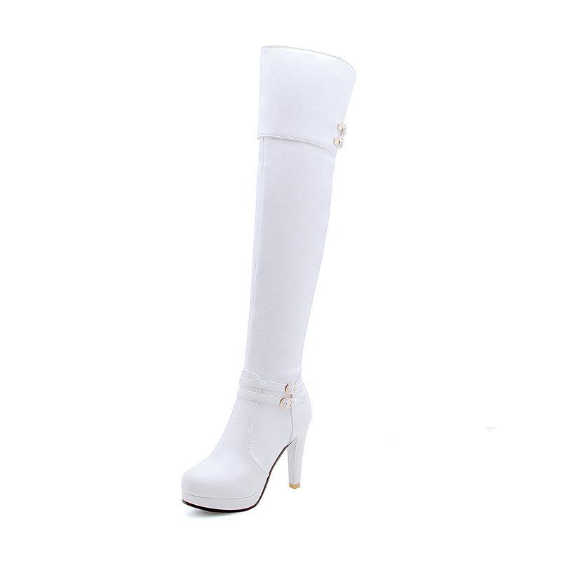 

Women s Boots Black Square Heel Over The Knee Boots Fashion Platform Belt Buckle Side Zipper Long Boots Sexy White Women Shoes 34 білий