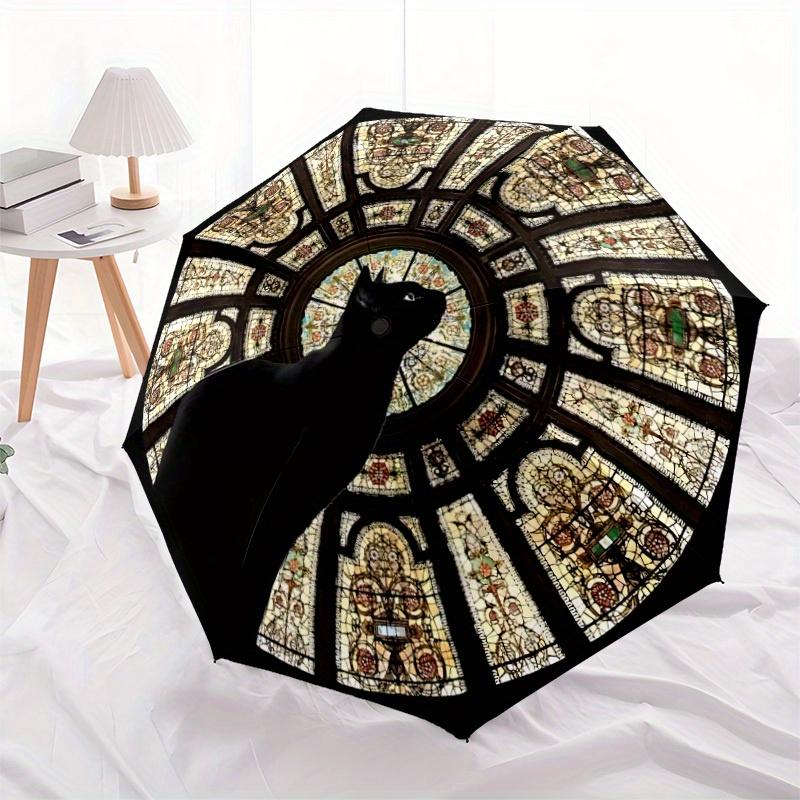 1pc Stained Glass Cat Automatic Open/Close Umbrella with Windproof, Functional Design, 8-Rib Sturdy Canopy
