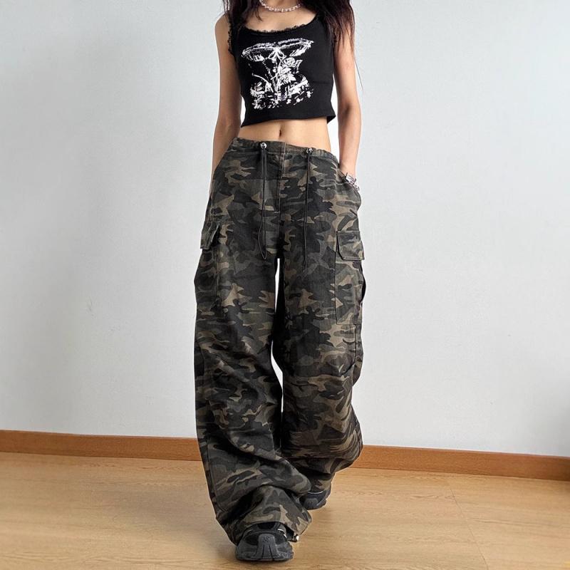 New Military Green Camouflage Multi-pocket Jeans for Men and Women 2026, Straight Loose Hip-hop High-waisted Wide-leg Pants