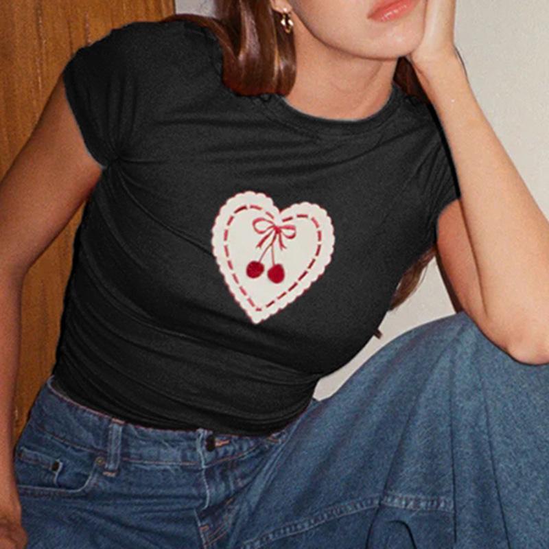 T-shirt imprimé Cherry Love pour femmes Spice Girls, pull à col rond, bas slim, hauts courts, printemps été
