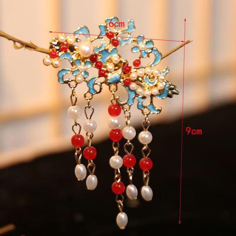 Ancient Style Blue Cloud Pearl Hairpin with Tassel Edge - Elegant Chinese Inspired Hair Accessory