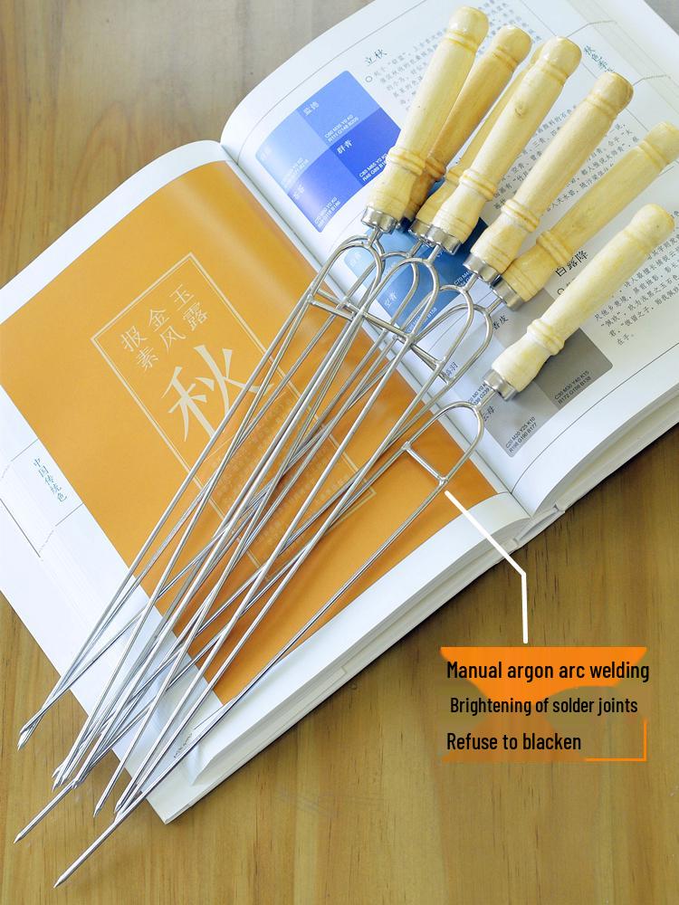 Stainless Steel U-Shaped BBQ Fork with Wooden Handle for Roasting Meat and Chicken Wings Stainless Steel Wing Fork - 3 pcs