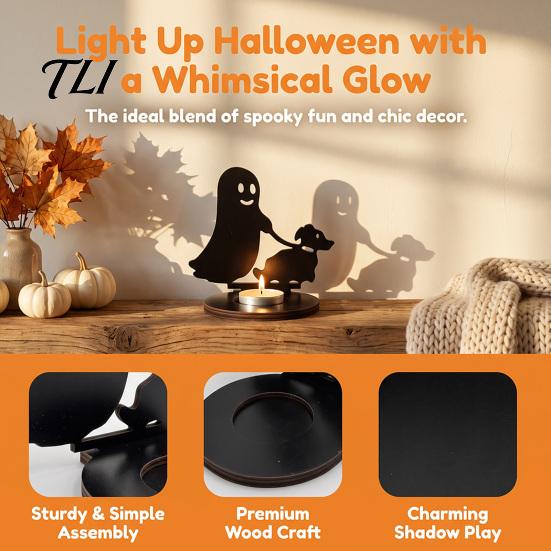 Hollow Carved Candle Accessory Halloween Shadow Holder, Spooky Ghost Skull Candlestick Decoration, Handcrafted Wood Base Vintage Wooden Tea
