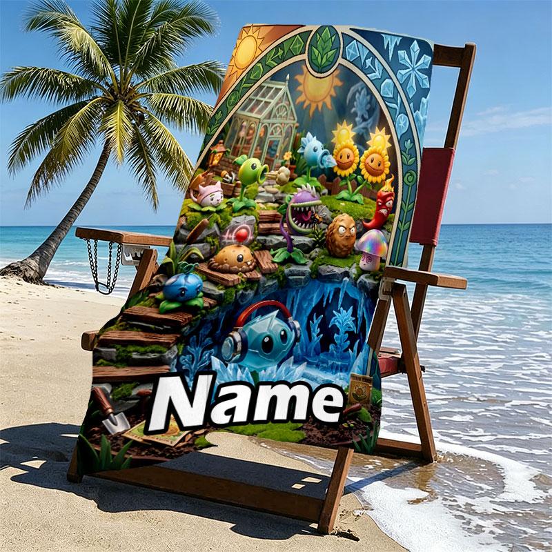 Custom Name Personalized Plants vs. Zombies Print Beach Towel, for Trip Camping Beach Party Home Decor, Birthday Gift for Family & Friends