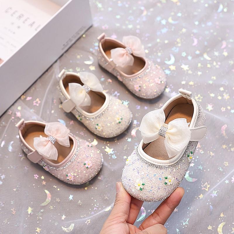 Toddler Girls Flats Shiny Sequins Big Lace Bows Kids Princess Shoes Round Toes 2025 New Fashion Baby Walking Shoes Size 16-26