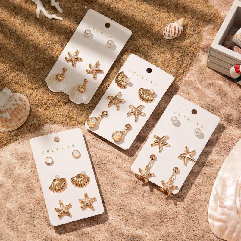3pcs Gold-plated Pendant Earrings for Women Fashion Starfish Shell Imitation Pearl Earrings Seaside Vacation Stud Jewelry Gift