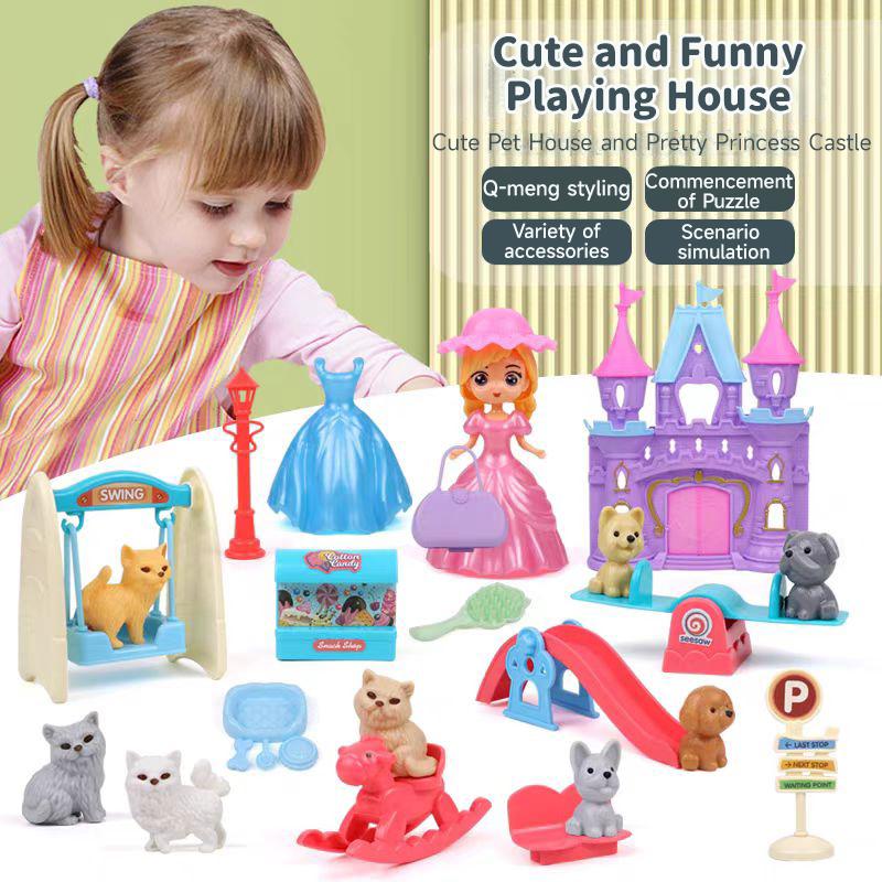 Cute Cat and Dog Pet Basket Family Toys Pretend To Play Toys Dog Doll Set Mini Animal Scene Toys Kids Player Toys
