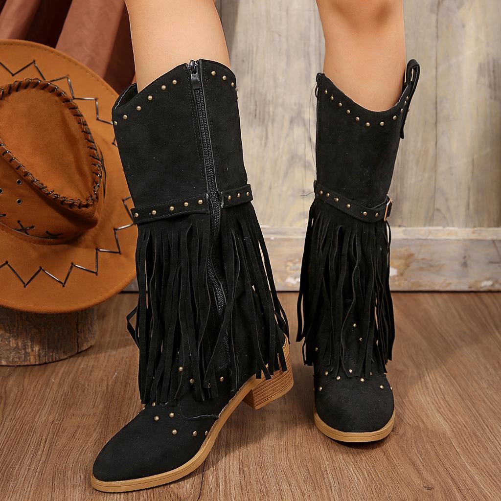 Plus Size Knight Boots, Fringed Boots, European and American Retro Style Autumn and Winter, New Studded Leather Buckle Boots