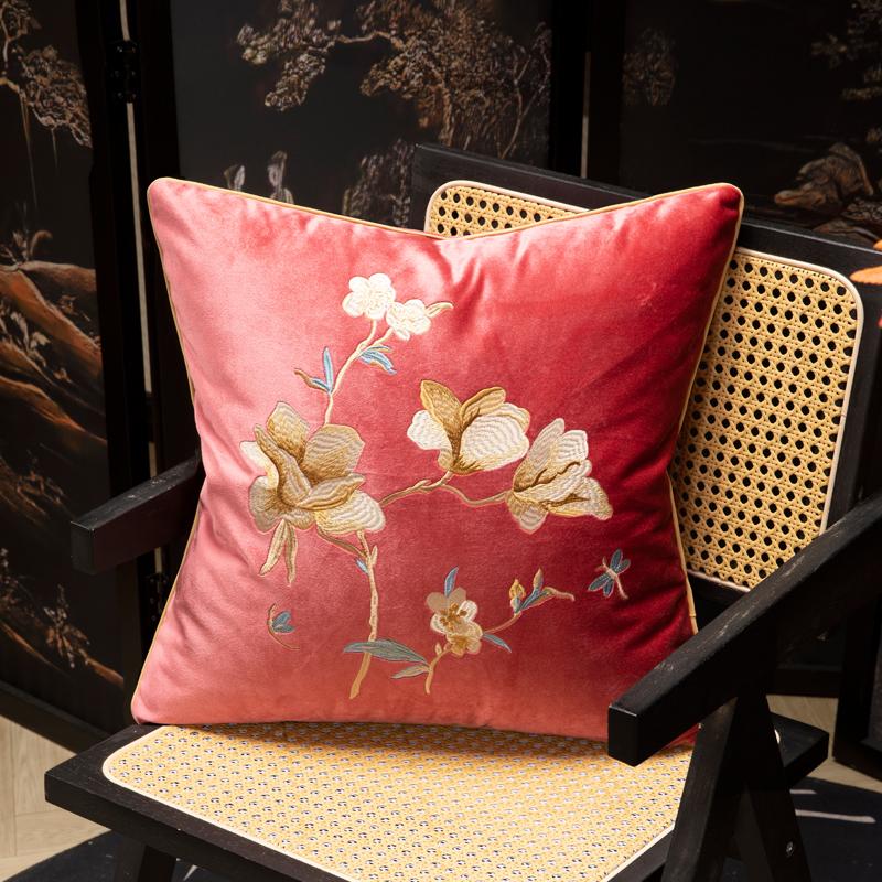 Federa di alta gamma in stile cinese, velluto, fiore di magnolia bianca ricamato, cuscino per divano, decorazione per la casa, 45x45cm/50x50cm