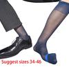 Mens Thin Sheer Dress Socks Nylon Breathable Business Over Calf Striped Stockings
