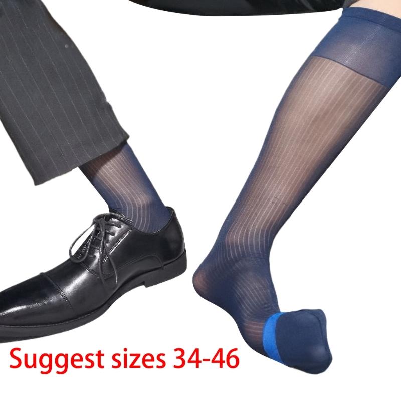 Mens Thin Sheer Dress Socks Nylon Breathable Business Over Calf Striped Stockings