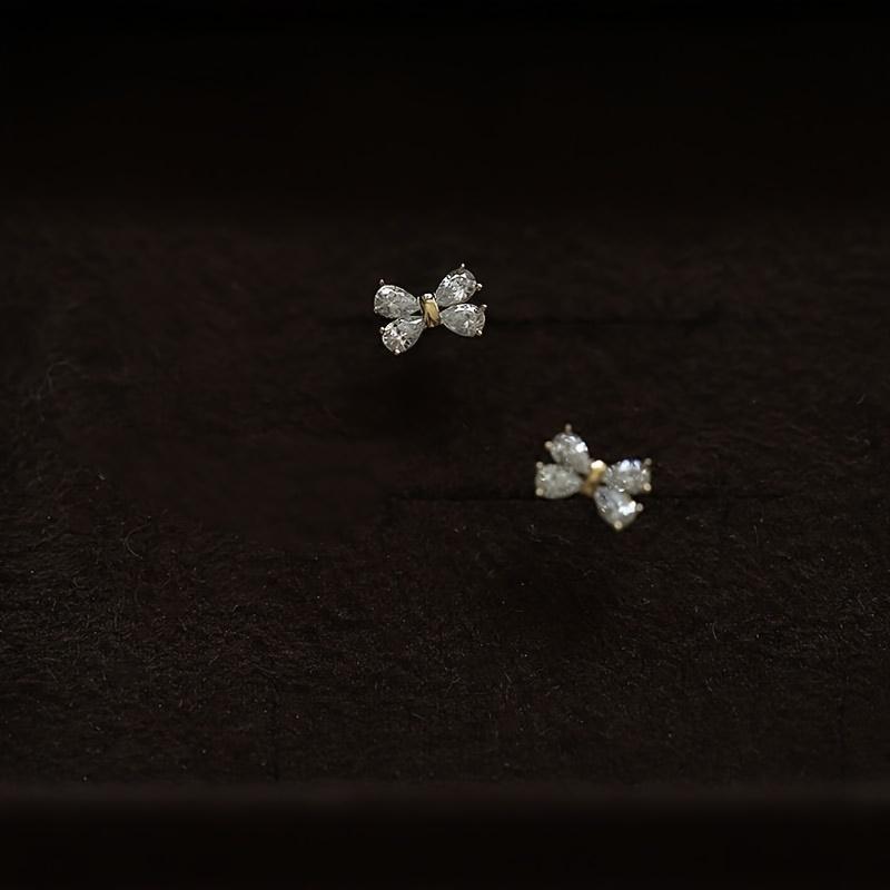 Minimalist Silver Stud Earrings with Bow Knot and Cubic Zirconia for Women Gift