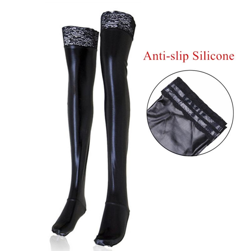 Black Sexy Patent Leather Boots Silicone Stay Up Thigh High Stockings Women Plus Size Party Socks  Pole Dance Clubwear
