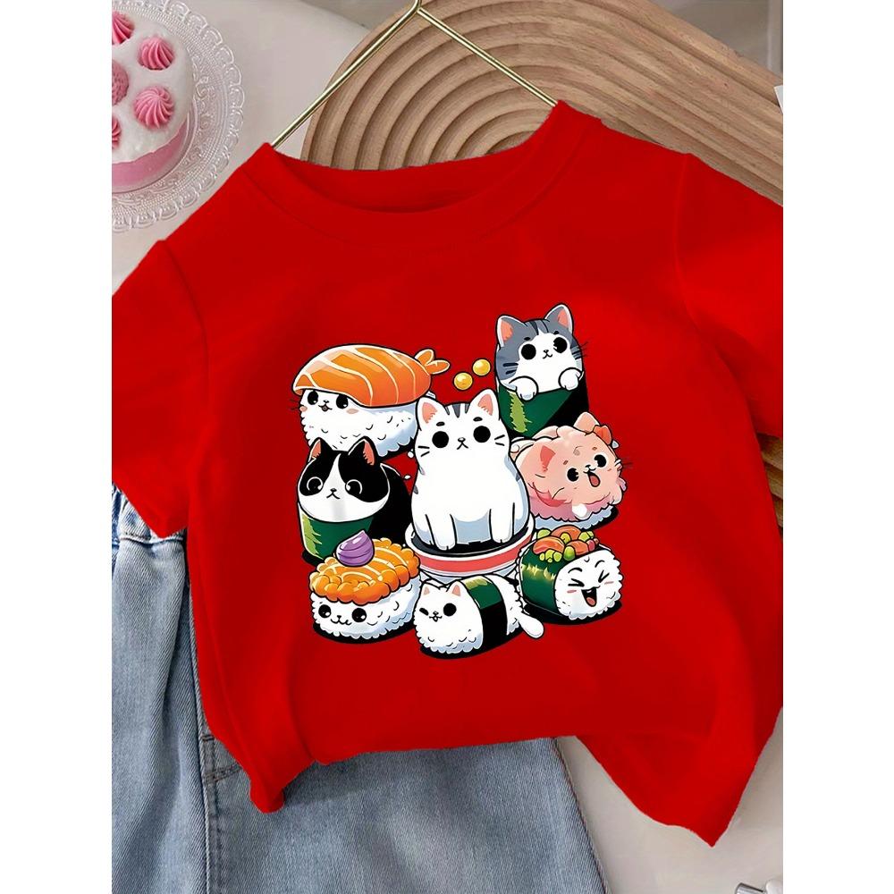 Adorable Cat Sushi Cartoon Print Kid T-Shirt Soft Round Neck with Fun Food Design for Summer Casual Children Wear Clothing