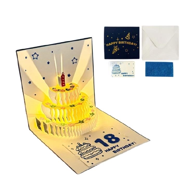 

3D Paper Carving Birthday Cake Greeting Card Handmade Lighted Up Musical Birthday Greeting Card for Women Men Kid Friend синій
