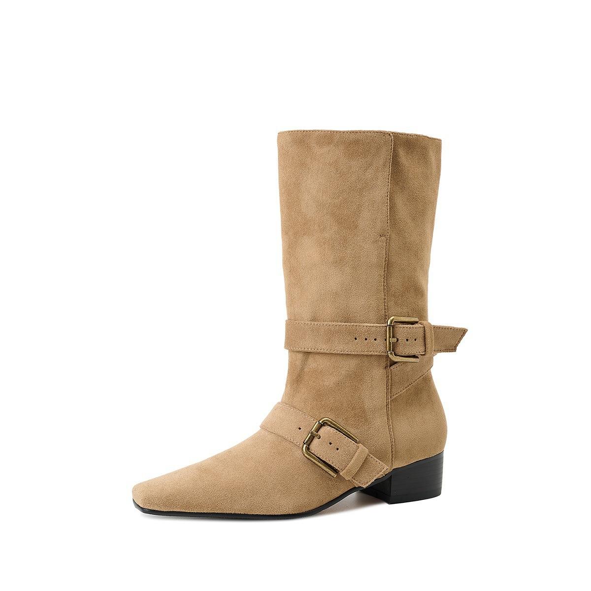 

Two women wearing thick heel western cowboy boots 2025 autumn and winter new belt buckle temperament square head short boots advanced sense 35 хаки