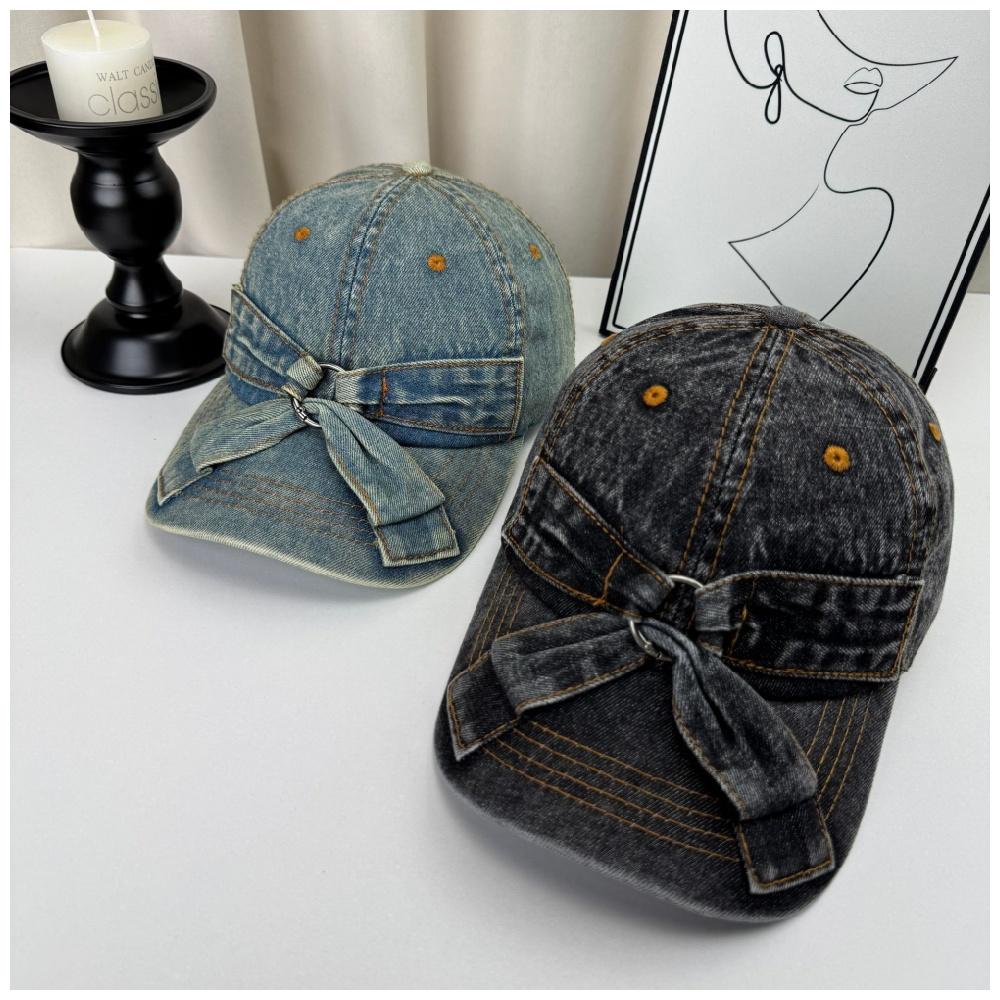 Vintage Distressed Washed Denim Bow Baseball Cap for Women All-Season Casual Sweet Sun-Protective Shade-Providing Hat