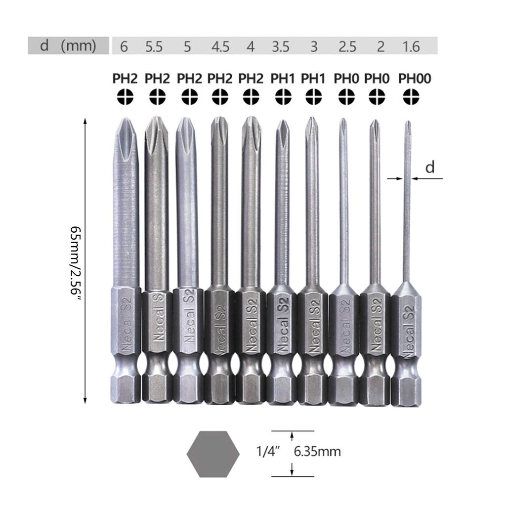 10Pieces Magnetic Cross Screwdriver Bit PH00 PH0 PH1 PH2 Nutdrivers 65mm For Socket Switch Electrician Power Tool