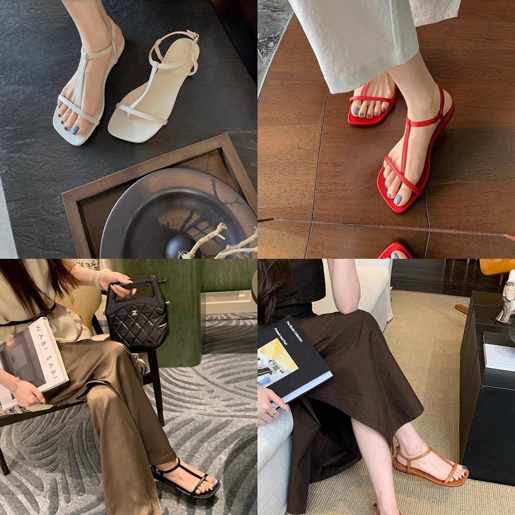 Sheepskin version~ Grape mother, the same fashionable diagonal cut square T-shaped belt leather toe versatile flat-soled sandals women's summer