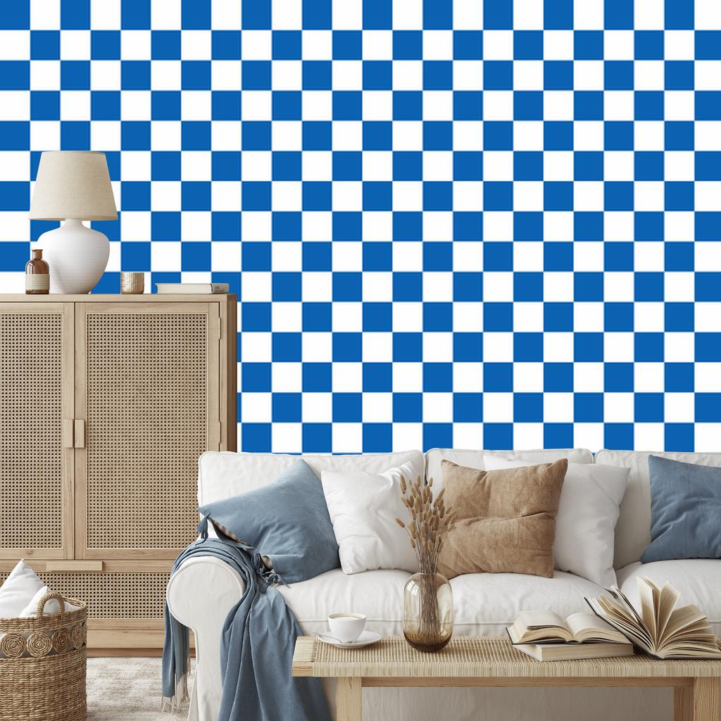 Checkerboard Wallpaper Blue, White and Azure for Living Room and Bedroom 50x1000