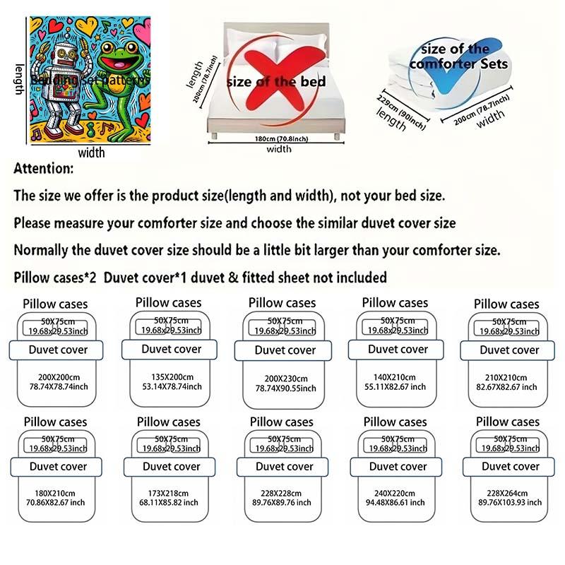 Robot and Frog Dancing Happily Print Bedding Set 1 Duvet Cover 2 Pillowcases for Adult and Children Luxury Gift Full Size