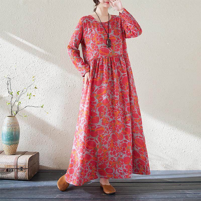 Spring Autumn Floral Print Round Neck Retro Loose Long Dress Long Sleeve Cotton Linen Dress Women's Clothing