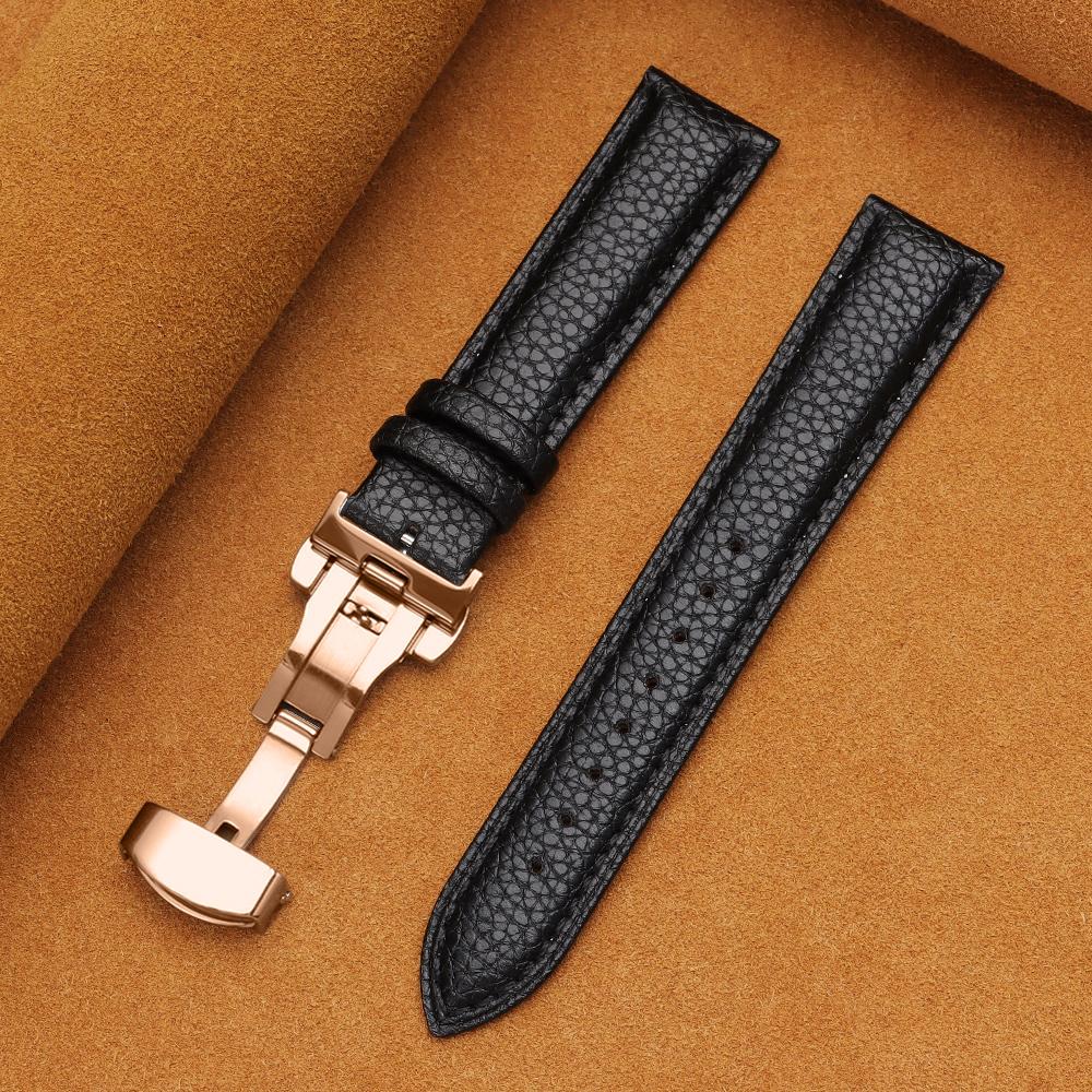 12/14/16/18/19/20/22mm Kalvskinnsklockarmband Litchimönstrad Rem Äkta Läder Armbandsurrem Fjärilsspänne Klocktillbehör