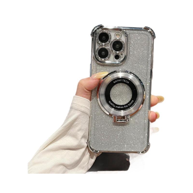 IPhone 16 Electroplated Four Corner Anti Fall Mobile Phone Case Magnetic Suction Bracket Suitable for Apple 15 Gradient Glitter Protective Case 13