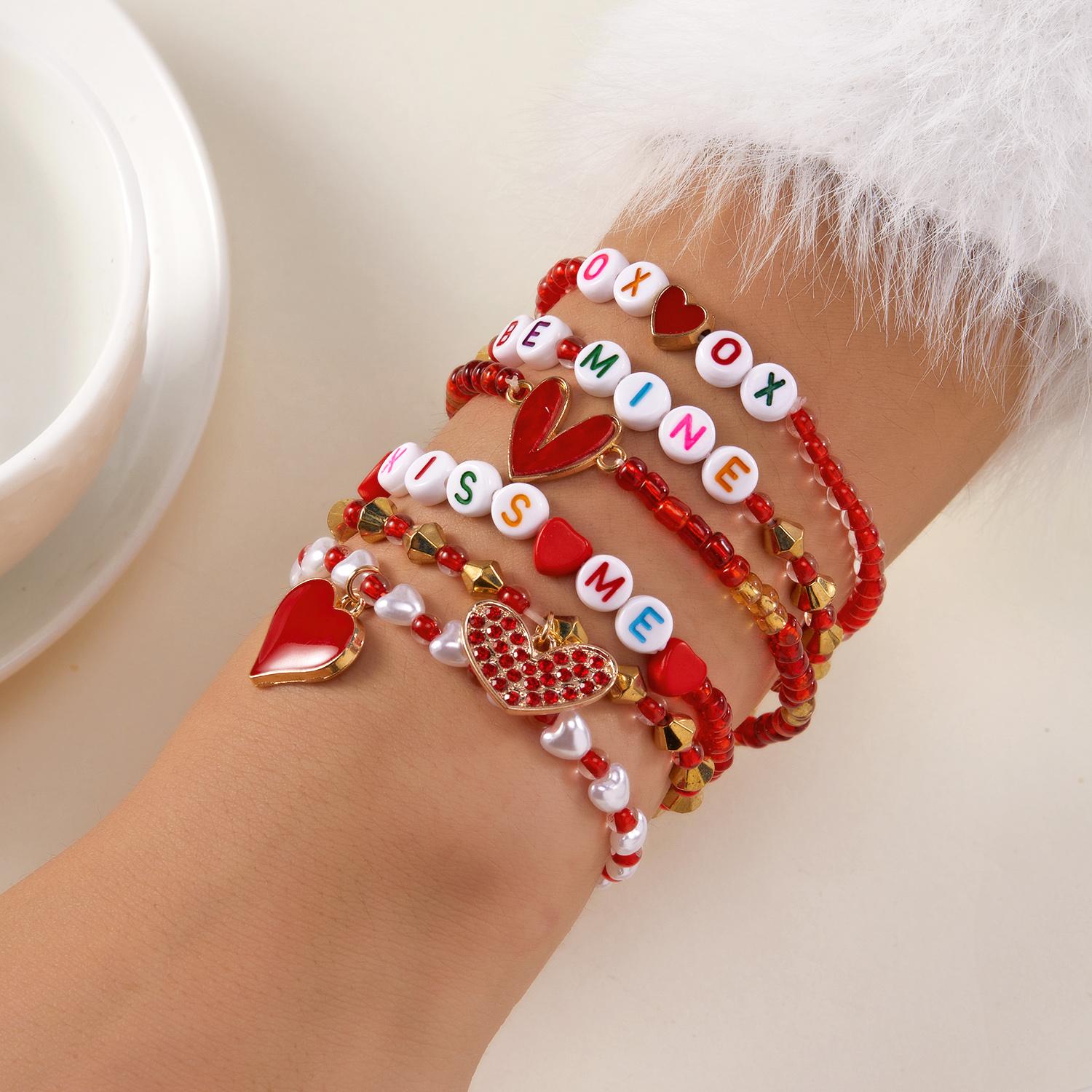 Romantic Heart Flower Stacking Bracelet Set for Women Trendy Letter Crystal Rhinestone Beaded Bracelet Friendship Jewelry Gift