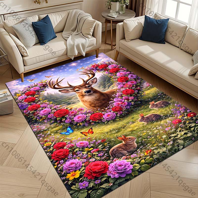 1 Stück Teppich mit Druck von Hirsch und Kaninchen in einem Blumenkranz für Wohnzimmer, Schlafzimmer, Sofa, Fußmatte, Heimdekoration, rutschfeste Bodenmatte